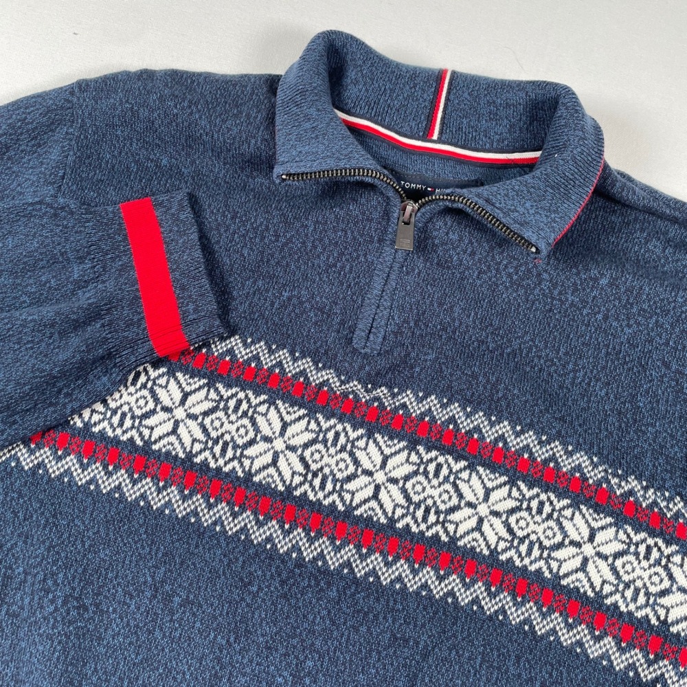 Tommy Hilfiger 1/4 Zip‎ Sweater Snowflake Pattern Pullover Blue Red Large
